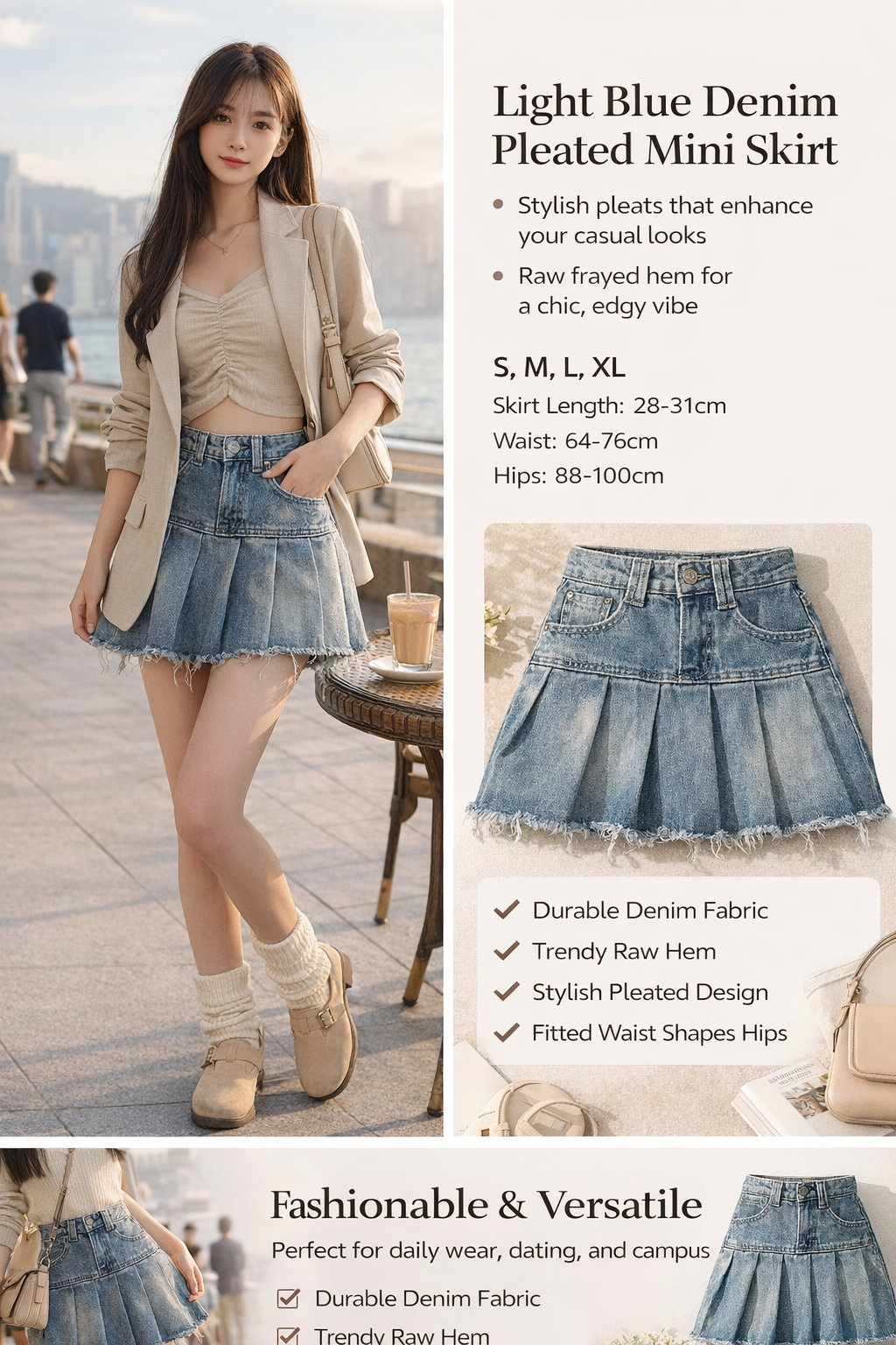 Light Blue Denim Pleated Skirt
