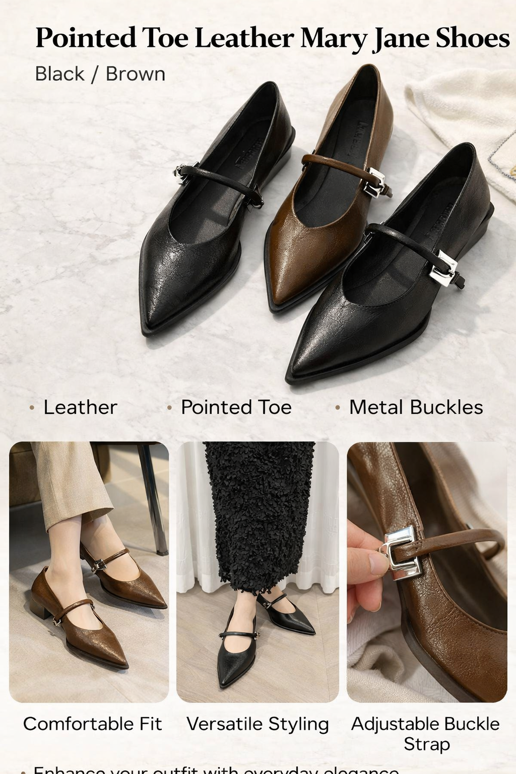 Women's Black & Brown Leather Mary Jane Single Shoes