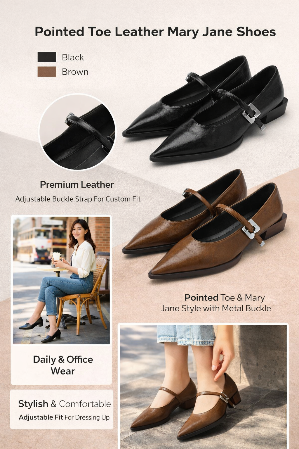 Women's Black & Brown Leather Mary Jane Single Shoes