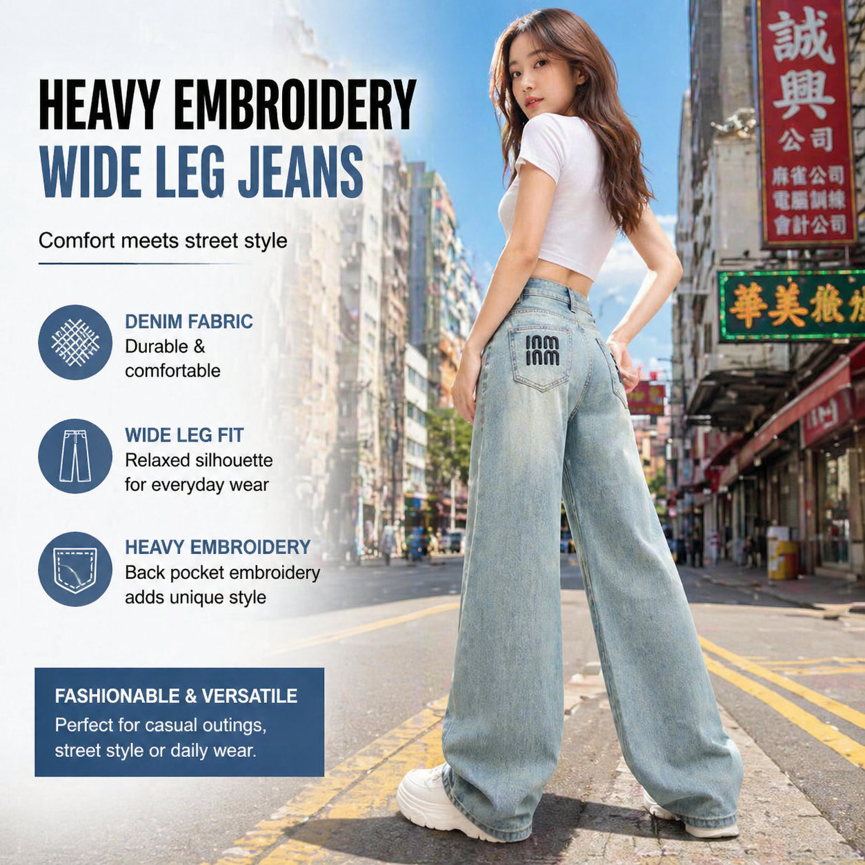 Embroidered High Waist Wide Leg Jeans for Women