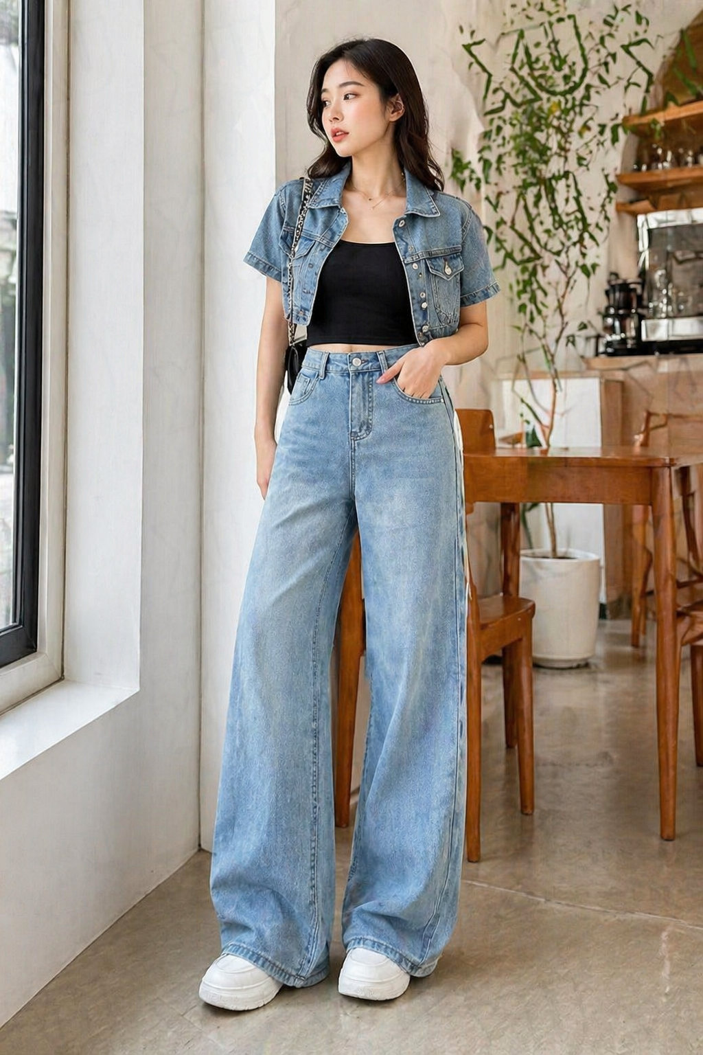 Women's Retro High Waist Light Blue Wide Leg Jeans