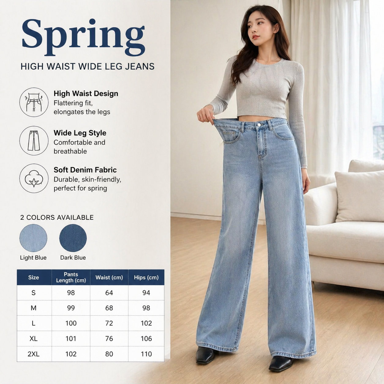 Women's Retro High Waist Light Blue Wide Leg Jeans