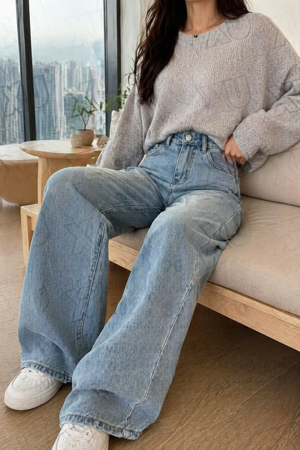 Women's Retro High Waist Light Blue Wide Leg Jeans