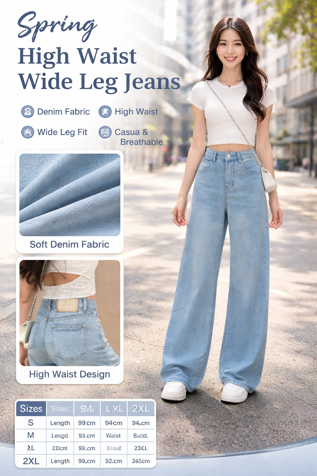 Women's Retro High Waist Light Blue Wide Leg Jeans