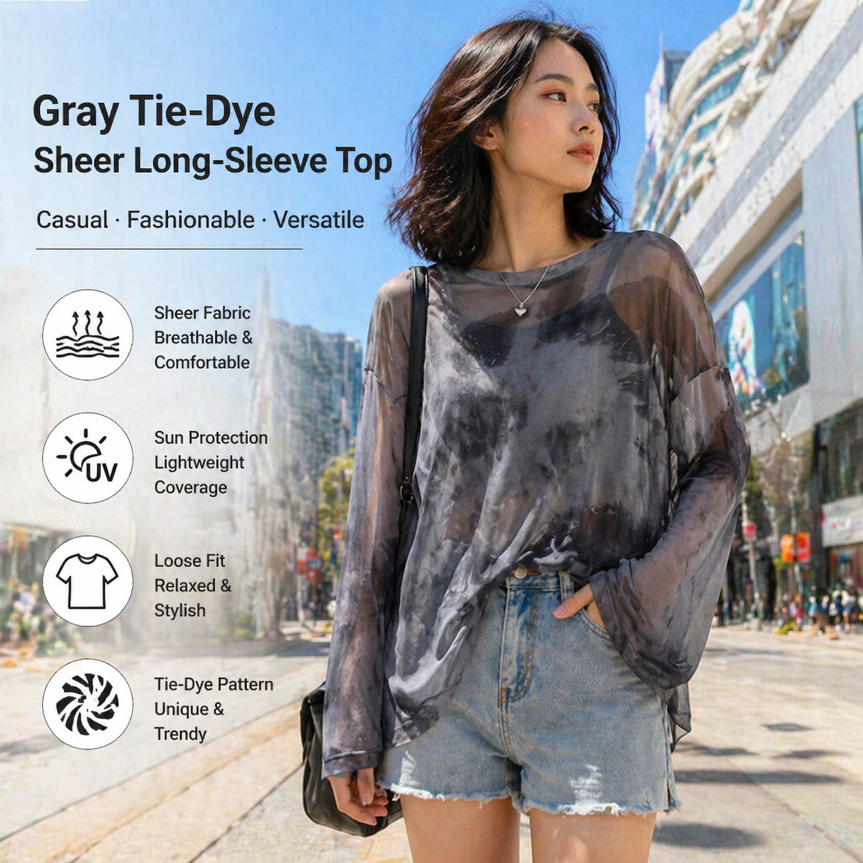 Women's Gray Tie-Dye Sheer Top