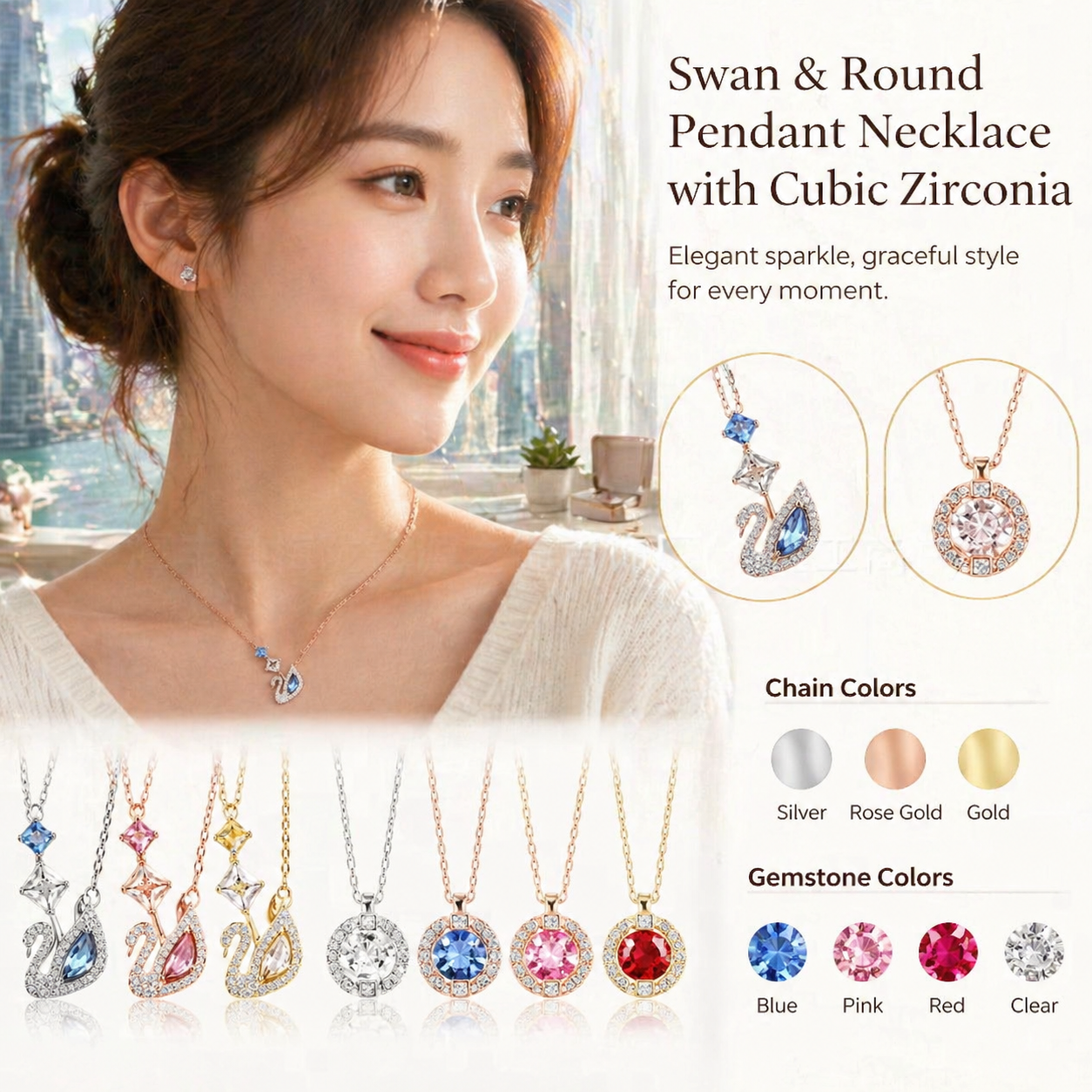 Swan & Round Pendant Necklaces