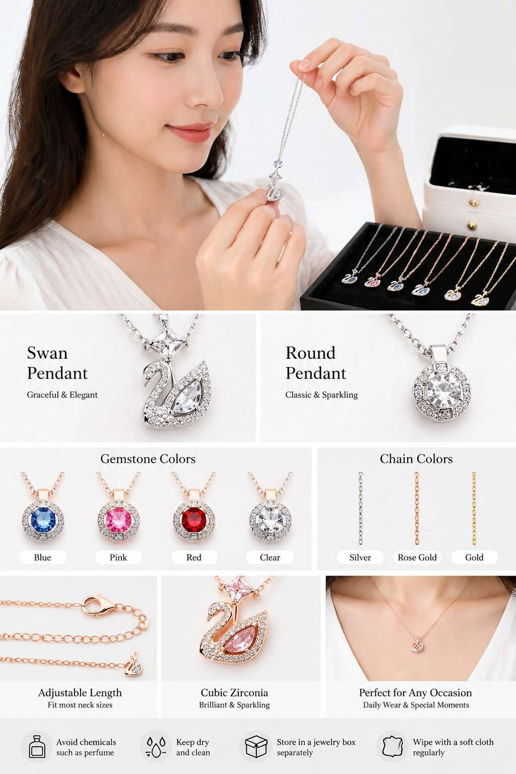 Swan & Round Pendant Necklaces