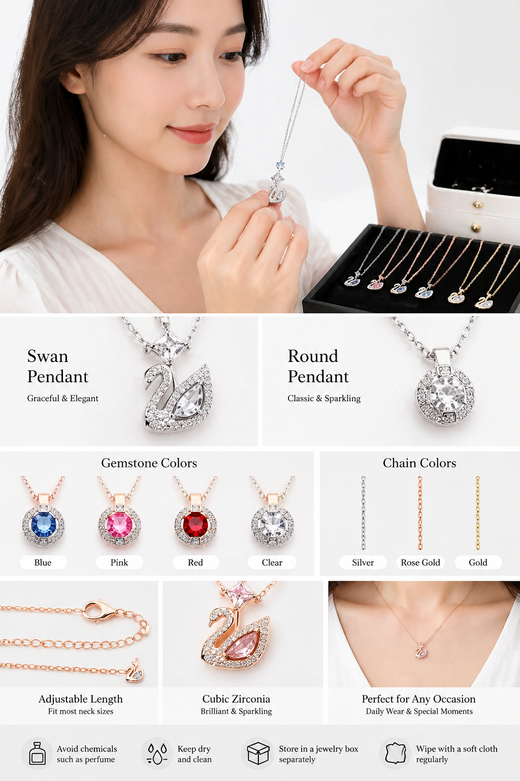 Swan & Round Pendant Necklaces