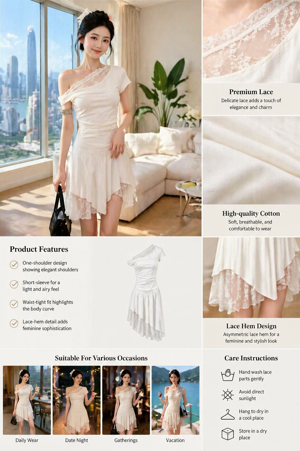 White One-shoulder Lace Dress