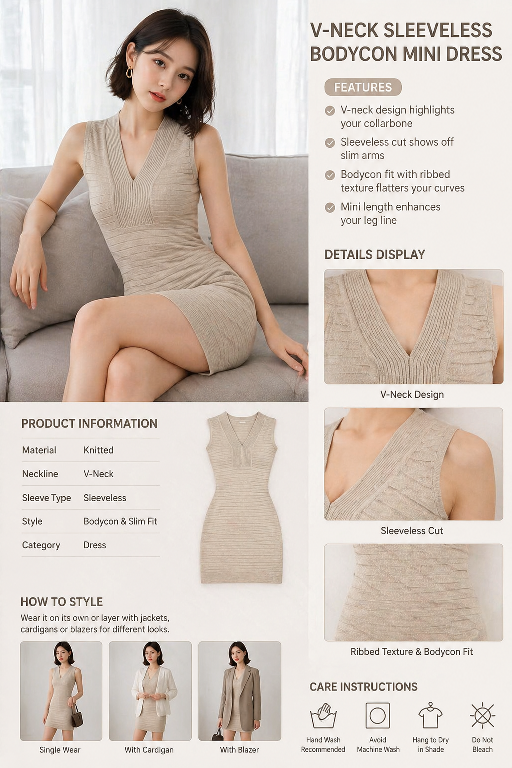 Sleeveless Vneck Knitted Dress