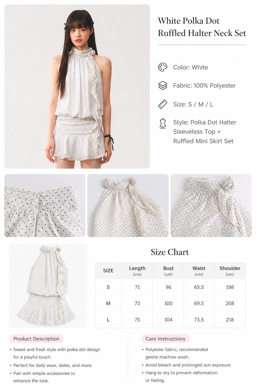 White Polka Dot Halter Top Set