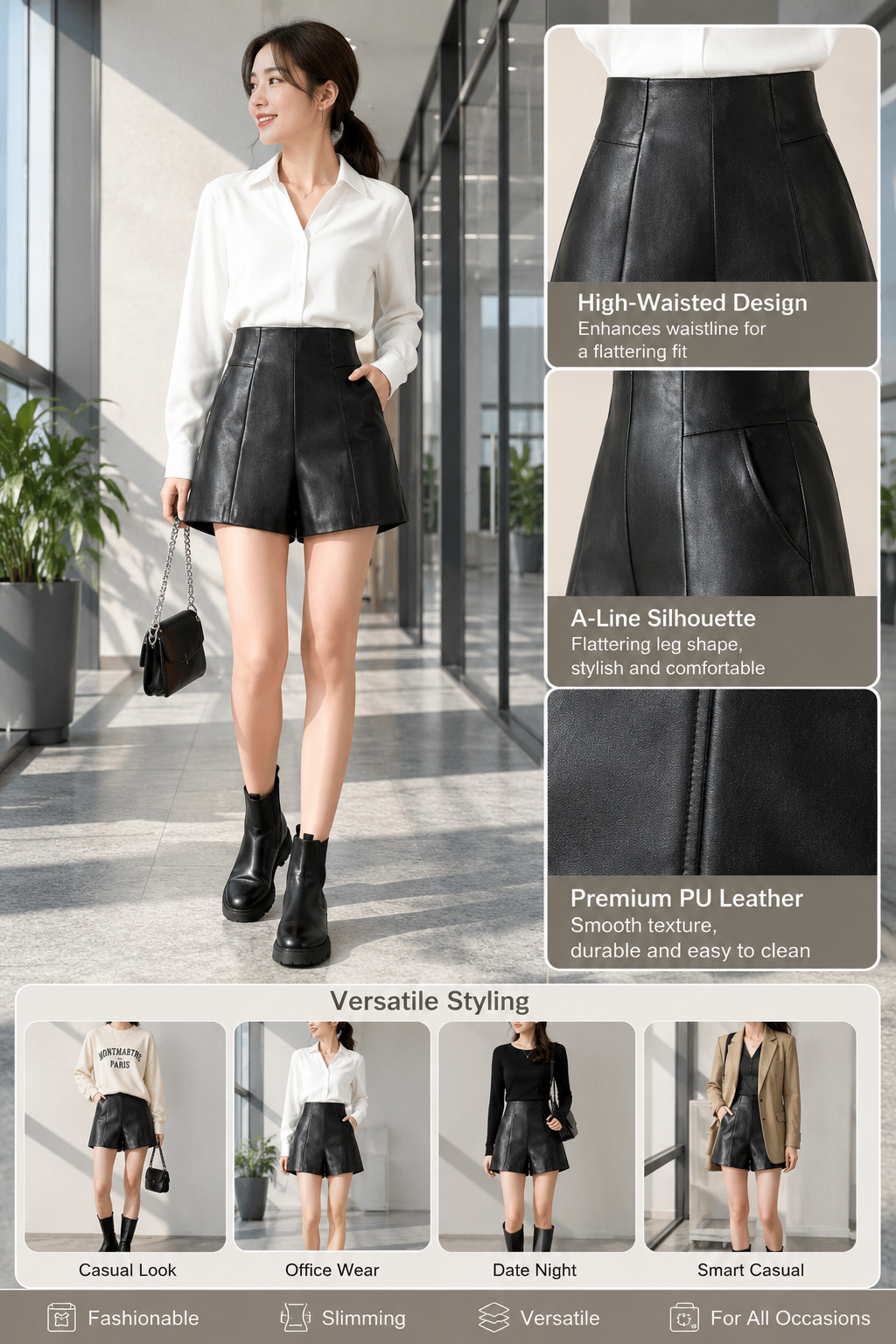 PU Leather Loose High Waist Bootcut Shorts for Fall and Winter