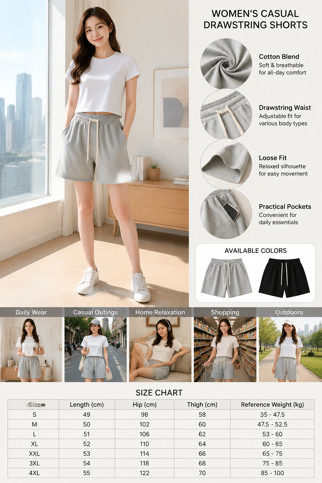 Cotton Elastic Waist Loose Sport Shorts