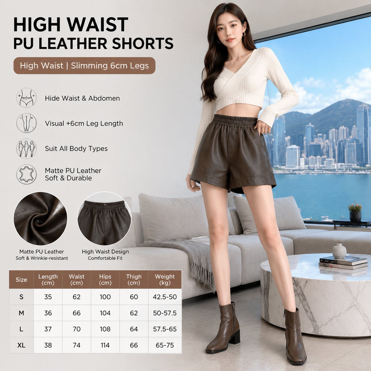 Women's Wrinkle-Resistant PU Leather Shorts for Fall/Winter