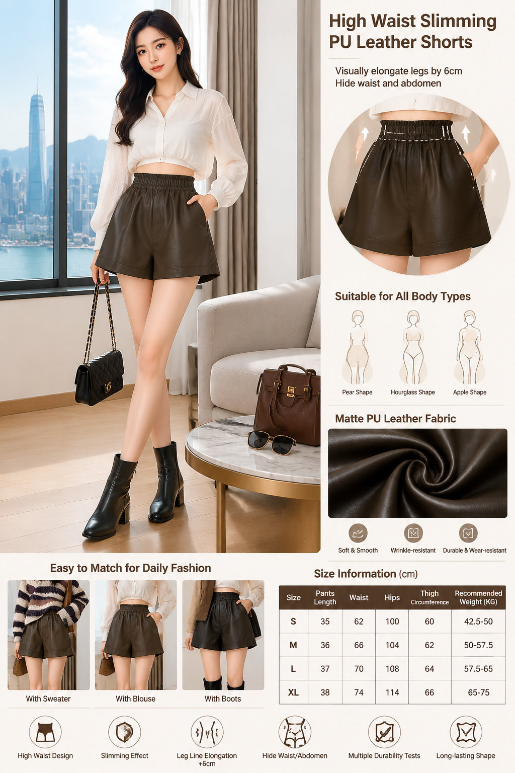 Women's Wrinkle-Resistant PU Leather Shorts for Fall/Winter