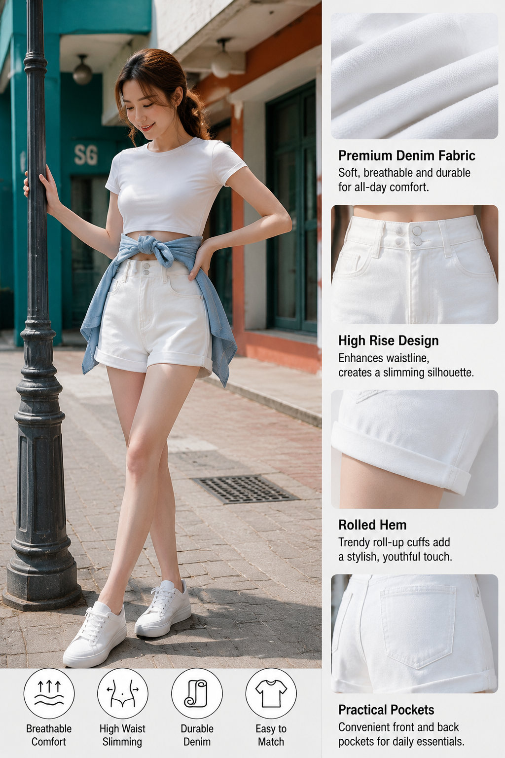 High-Waist Denim Shorts for Women Summer 2024 Slim A-Line Loose Cropped Pants