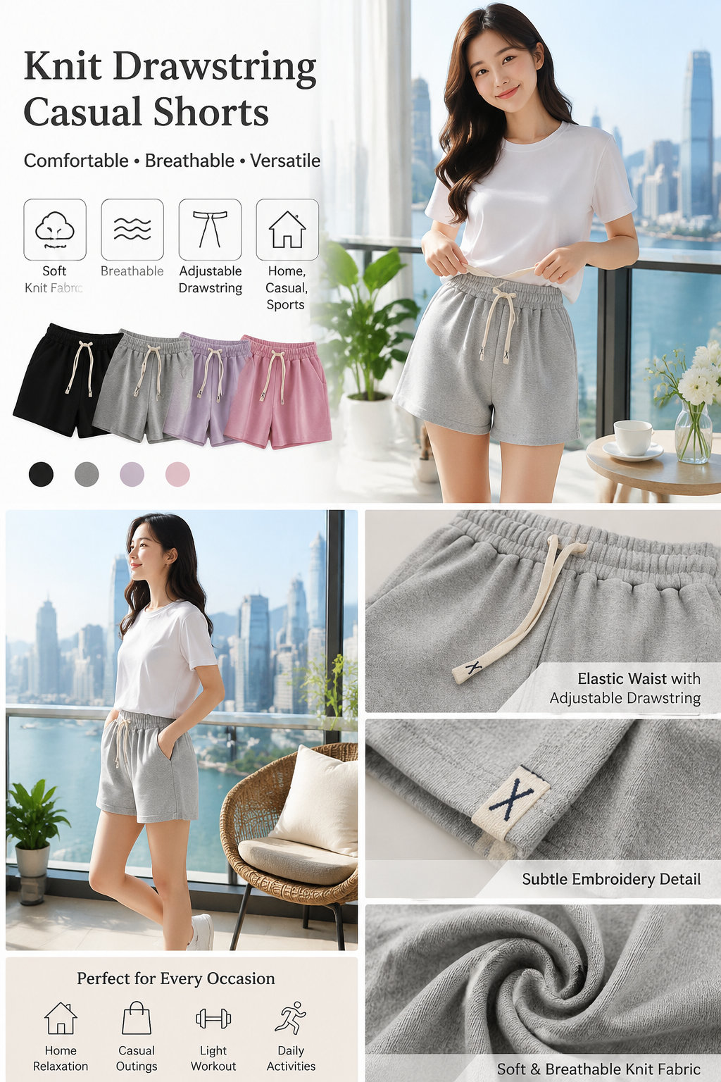 Pink Women's Summer Casual Loose High-Waisted A-Line Shorts