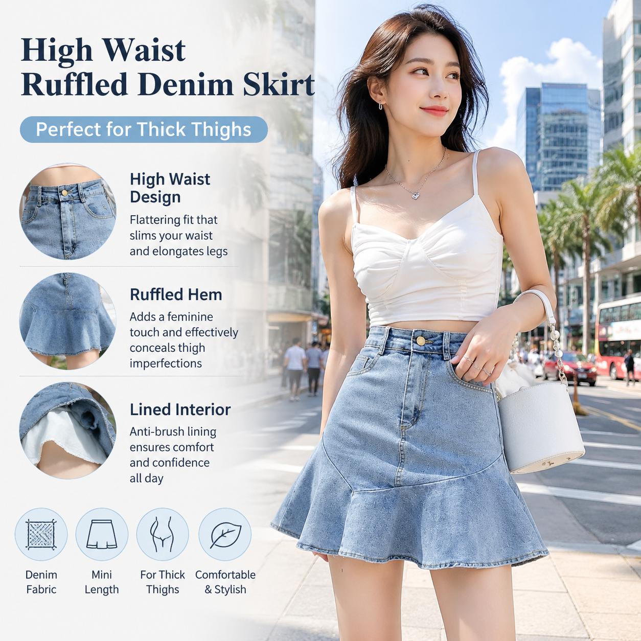 High Waist Ruffled Denim Skirt