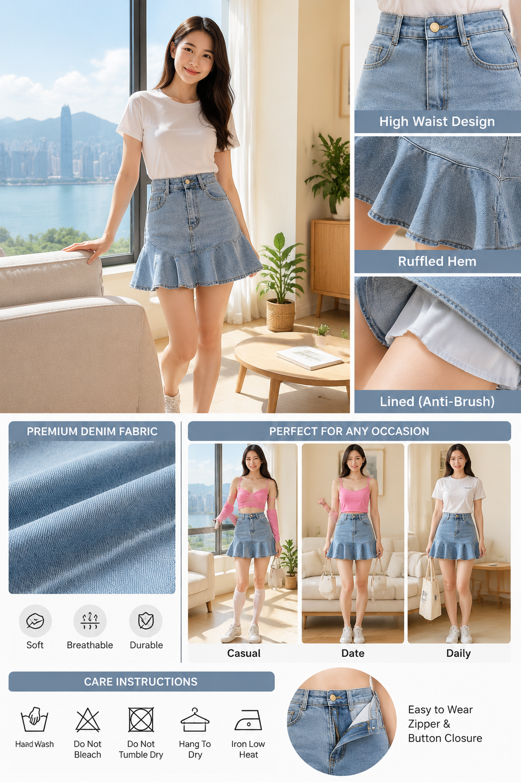 High Waist Ruffled Denim Skirt