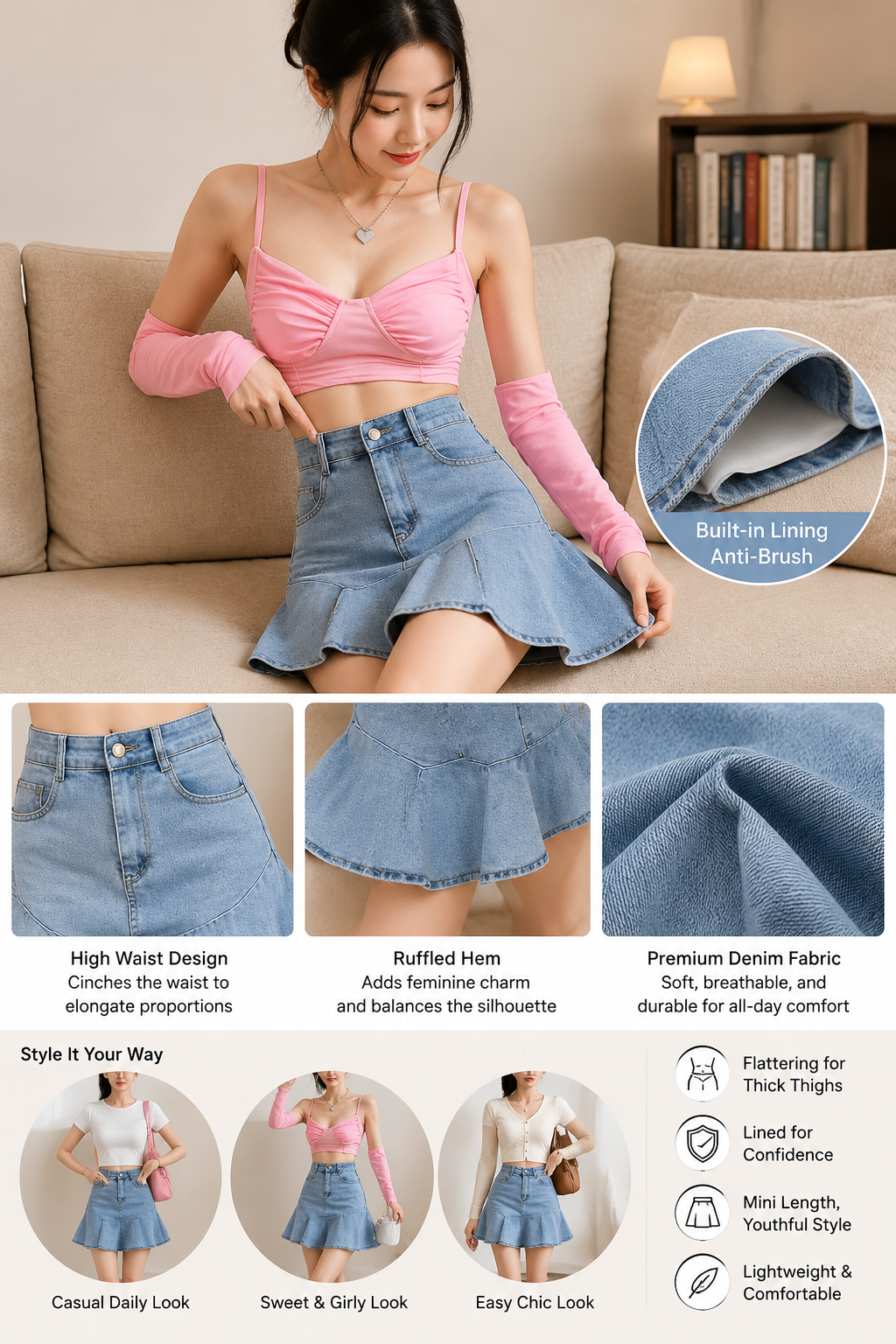High Waist Ruffled Denim Skirt