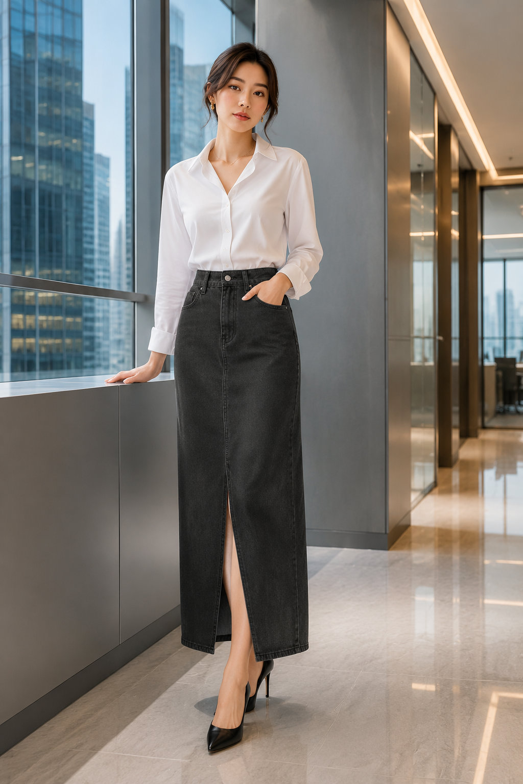 Women's Denim Midi Front Slit Skirt