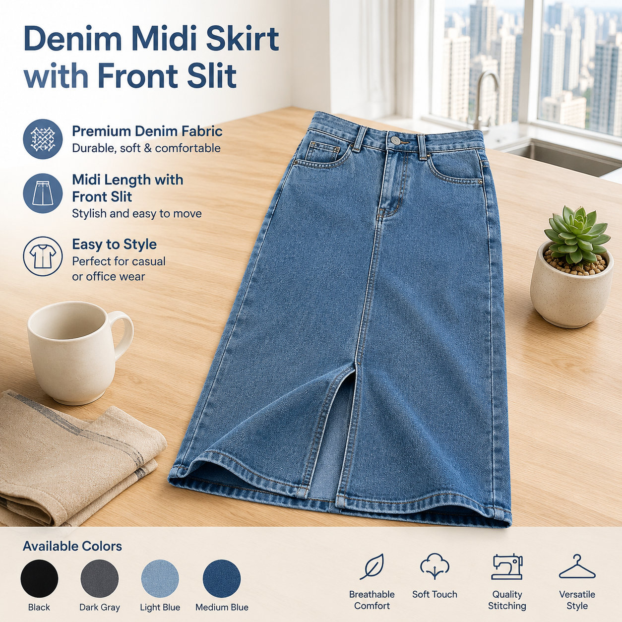 Women's Denim Midi Front Slit Skirt