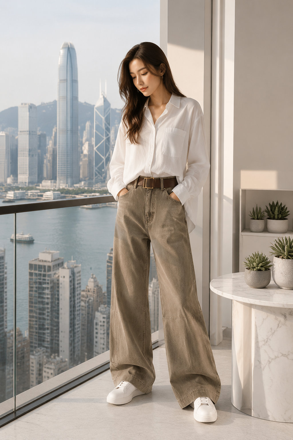 Women's Khaki Denim Wide Pants