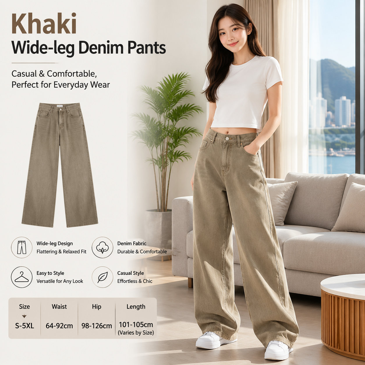 Women's Khaki Denim Wide Pants