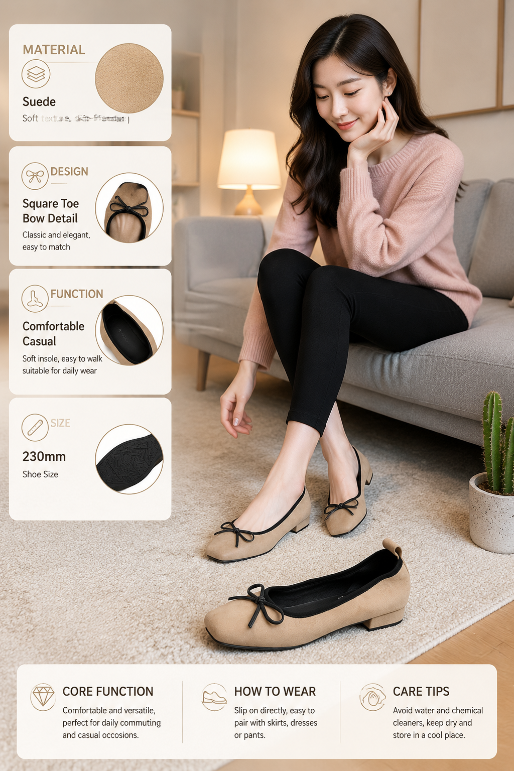 Women's Square Toe Suede Bow Flats