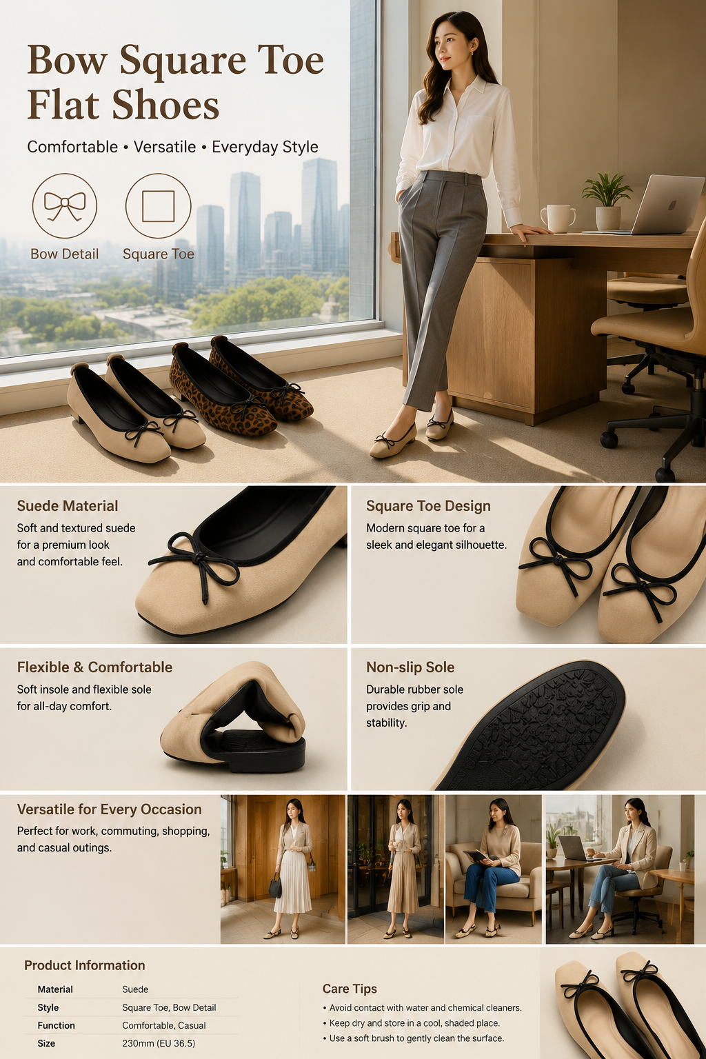 Women's Square Toe Suede Bow Flats