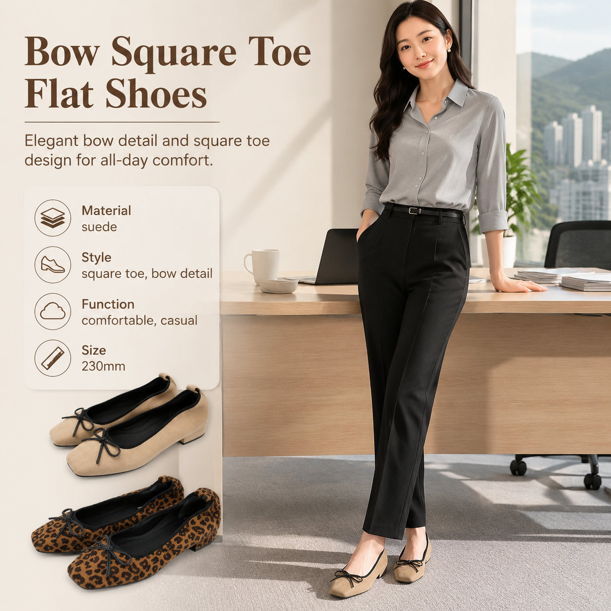 Women's Square Toe Suede Bow Flats