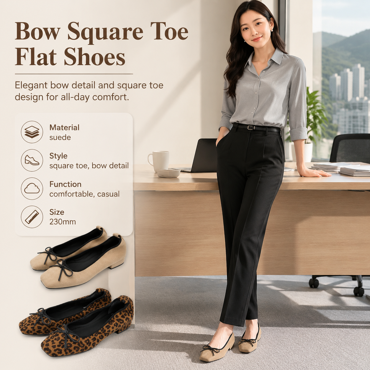 Women's Square Toe Suede Bow Flats