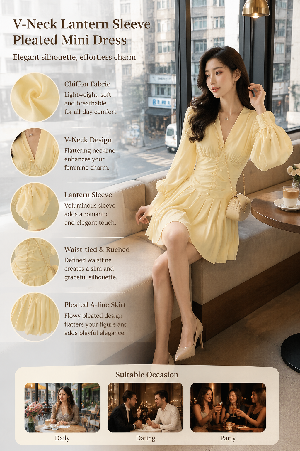 Women's Chiffon V-Neck Lantern Sleeve Mini Dress