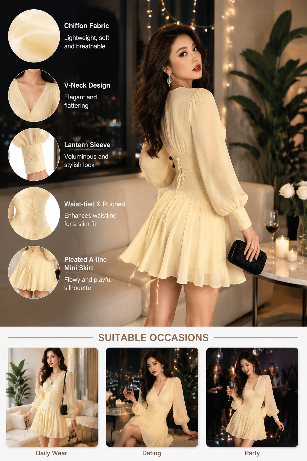 Women's Chiffon V-Neck Lantern Sleeve Mini Dress