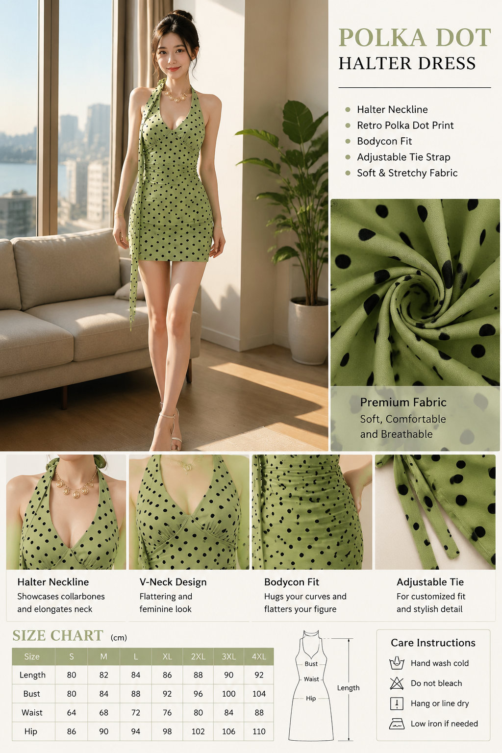 Halter Polka Dot Green Dress